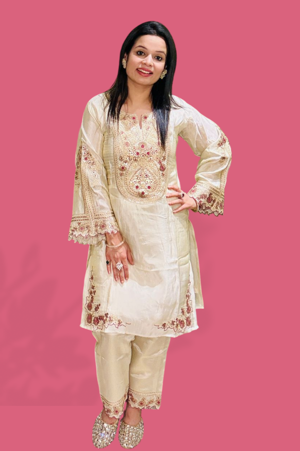 Champagne Gold Embroidered Kurti & Pant