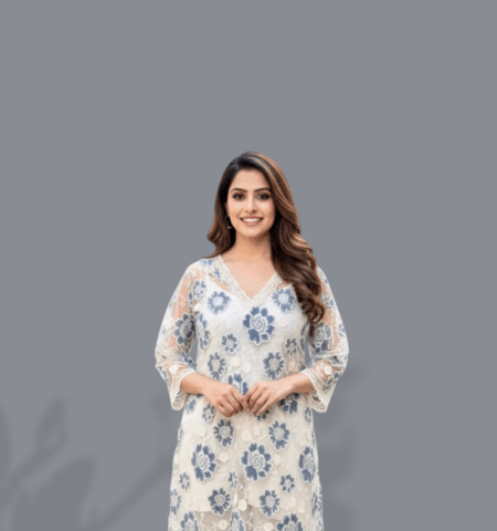 Ivory Blue Floral Lace Embroidered (Kurta + Pants)