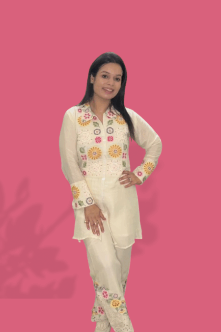 Ivory Hand-Crafted Floral Embroidered