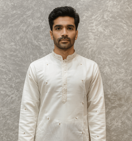 White Premium Chikankari-Style Embroidered Kurta Pajama for Men