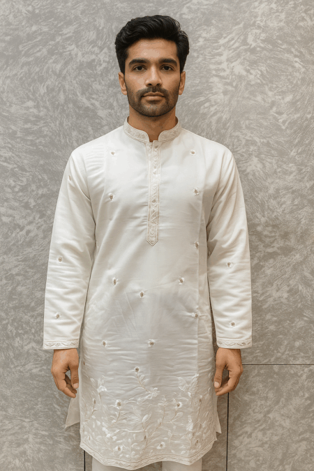 White Premium Chikankari-Style Embroidered Kurta Pajama for Men