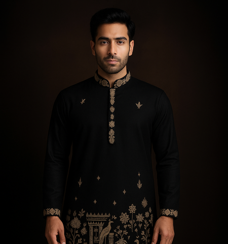 Men's Black Premium Ethnic Kurta Pajama with Golden Thread Embroidery