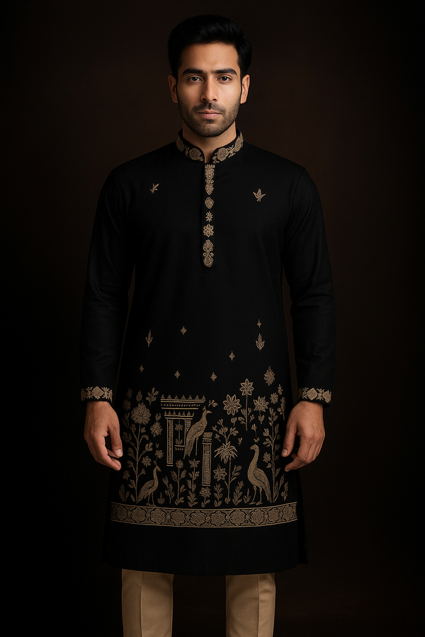 Men's Black Premium Ethnic Kurta Pajama with Golden Thread Embroidery