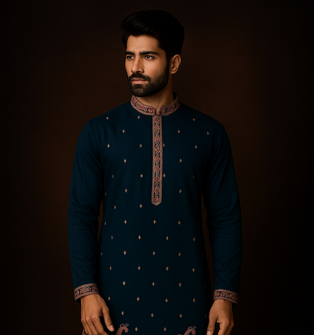 Men's Royal Blue Embroidered Ethnic Kurta Pajama