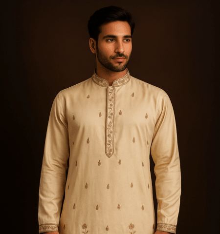 Men's Cream Floral Embroidered Kurta Pajama