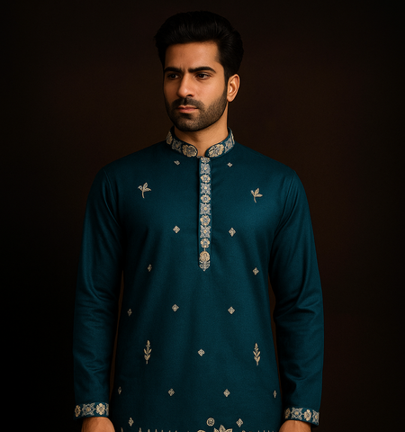 Men's Teal Blue Peacock Embroidered Kurta Pajama