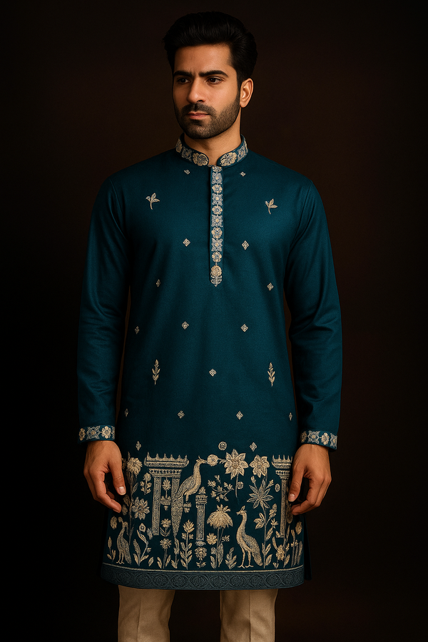 Men's Teal Blue Peacock Embroidered Kurta Pajama
