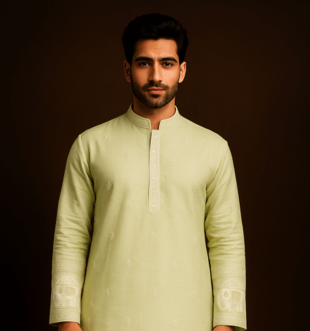 Pistachio Green Elephant Motif Embroidered Kurta Pajama