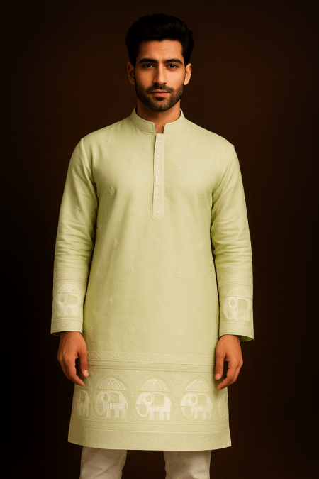 Pistachio Green Elephant Motif Embroidered Kurta Pajama