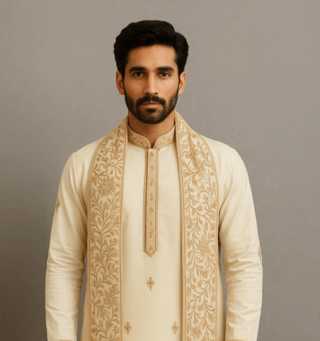 Cream Royal Embroidered Kurta Pajama With Matching Shawl