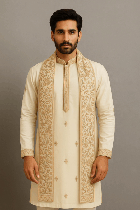 Cream Royal Embroidered Kurta Pajama With Matching Shawl