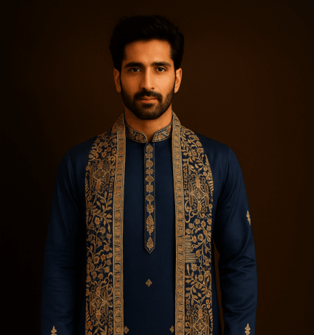 Royal Blue Embroidered Kurta Pajama With Matching Shawl