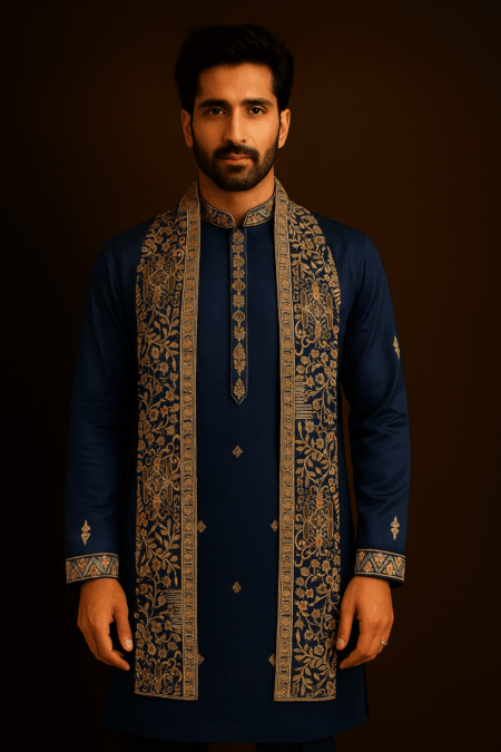 Royal Blue Embroidered Kurta Pajama With Matching Shawl